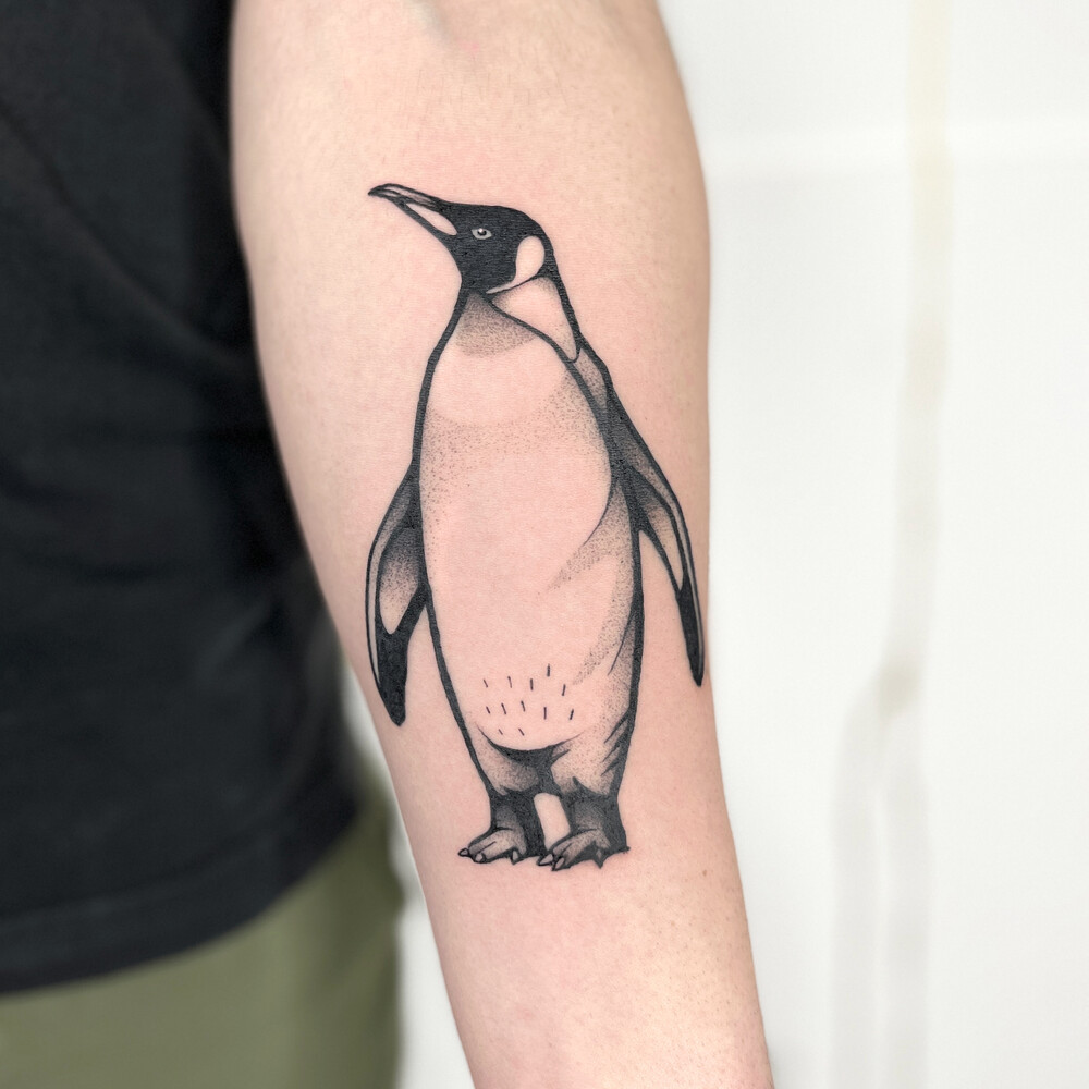 Pinguin Tattoo in blackwork dotwork fineline style by Christian Eisenhofer - Tattoo Berlin